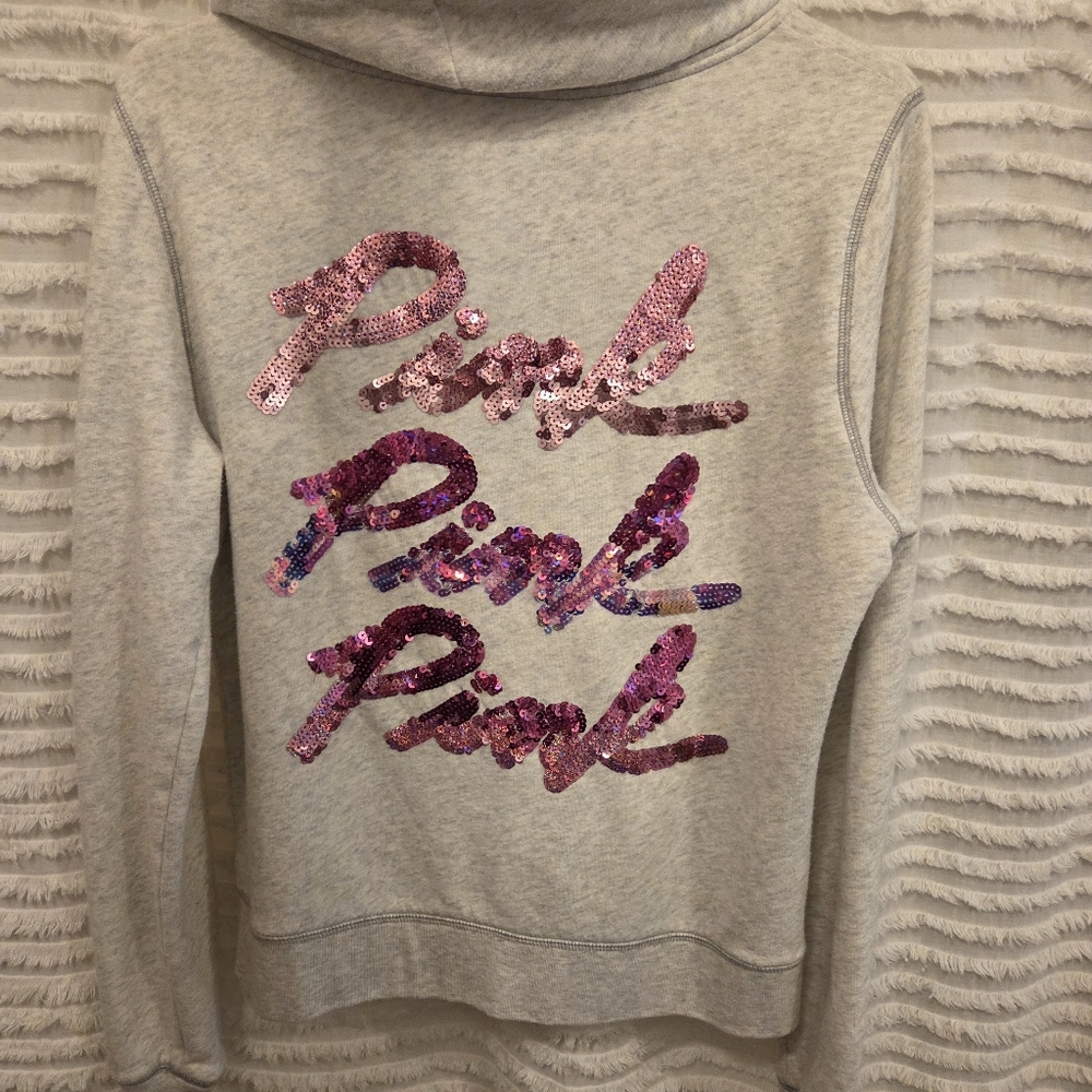 Victorias Secret Grey Pink Sequin Full Zip Hoodie Sz L‎ Dog Spellout Y2K Flaw